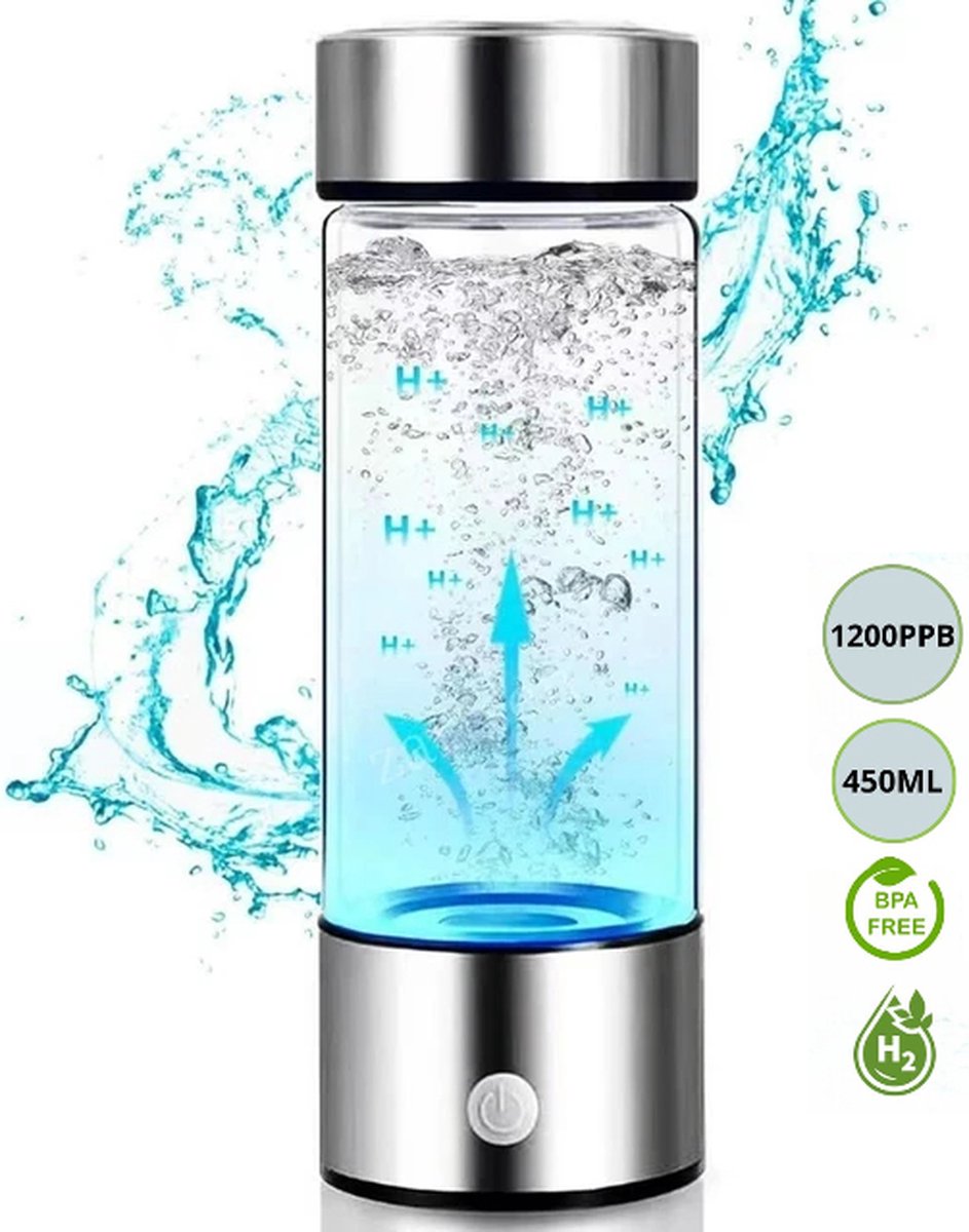 Waterstof Generator H2 + Hydrogeen - H2 Water - 1200 PPB - 450ML - Draagbare Drinkfles - Waterfilter Fles - Waterfles van glas - Gezond Water - Milieuvriendelijk