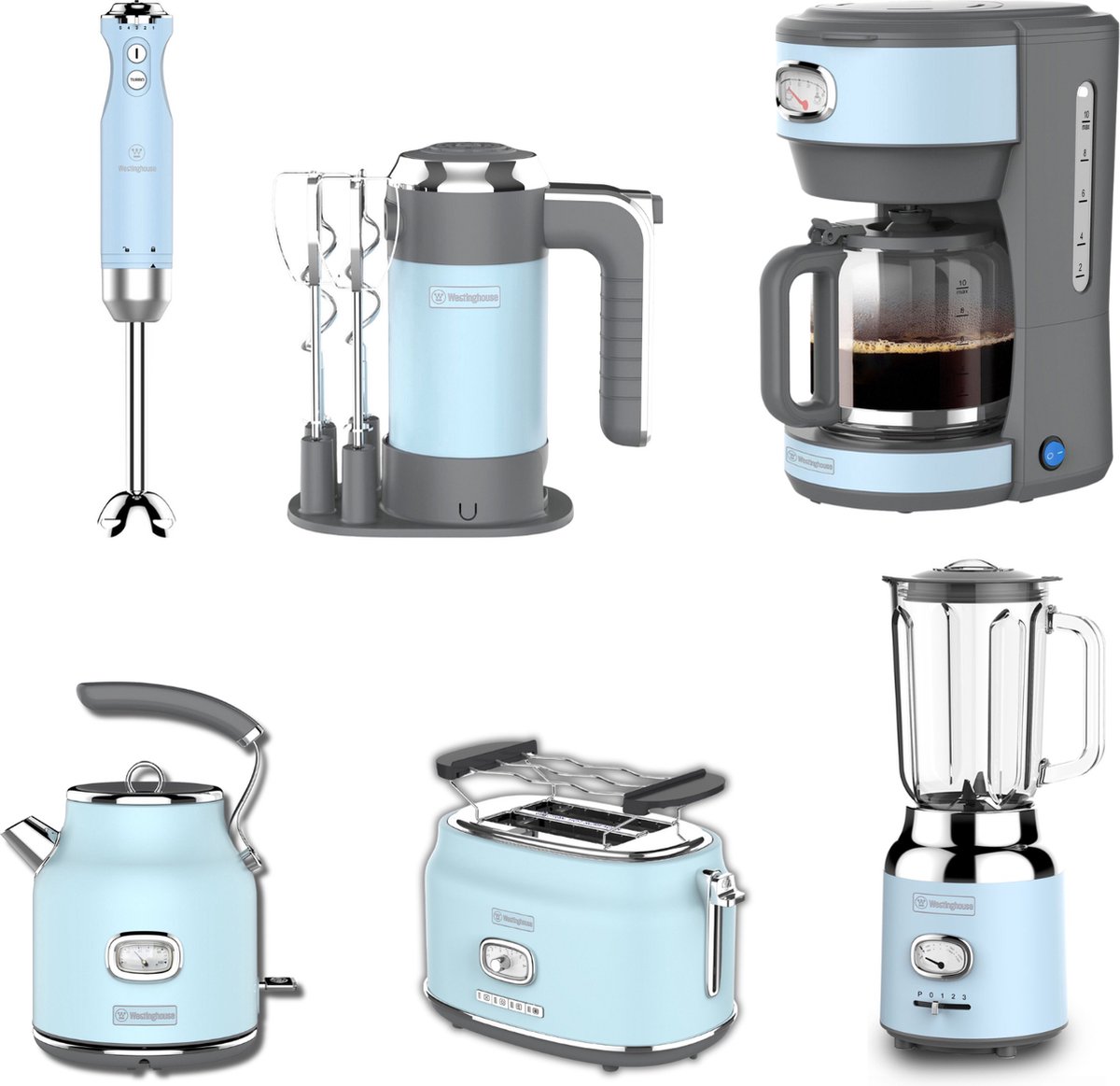 Westinghouse - Retro - Handmixer - Staafmixer + Blender + Waterkoker + Broodrooster 2 Sleuven + Koffiezetapparaat - Blauw