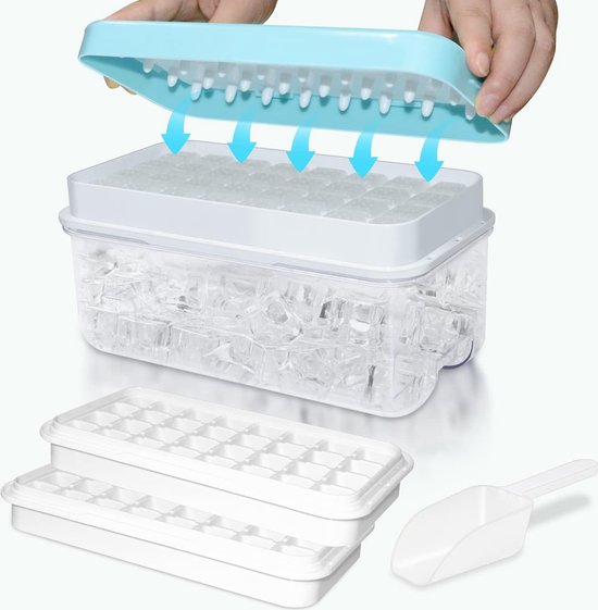 Relota IJsblokjesvorm, blauw, siliconen ijsblokjeshouder met houder en schep, ijsblokjesvorm met 32 ijsblokjes voor eenvoudig losmaken, met deksel, voor vriezer, cocktail, whiskey, koffie, thee