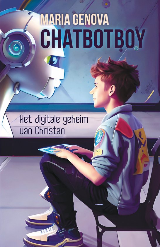 De cover van het boek 'Chatbotboy' toont een jongen met bruin haar die een tablet vasthoudt, kijkend naar een robot. De tekst 'MARIA GENOVA CHATBOTBOY Het digitale geheim van Christan' staat op de cover.
