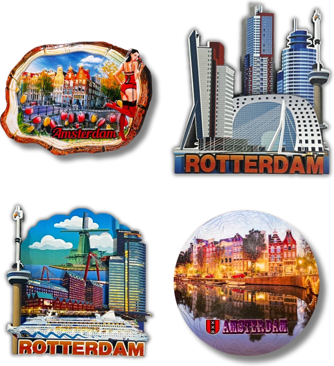 Koelkastmagneten Set: Rotterdam - Amsterdam - Holland - Souvenirs - 4 stuks