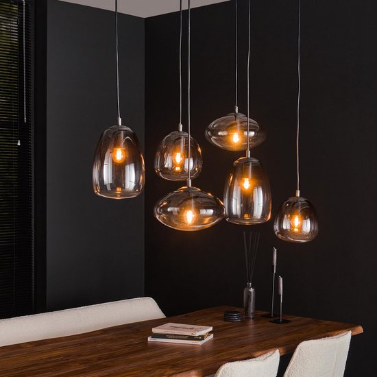 Hanglamp Artic in zwart | 6 lichts met mix glasdesign | 95x40x150 cm | eetkamer / woonkamer | dimbaar | modern / sfeervol design