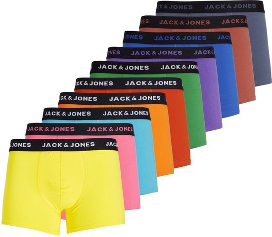 JACK & JONES Boxers unis Jacdavid (lot de 10) - boxers homme longueur normale - bleu - jaune - orange - vert et rose - Taille : L