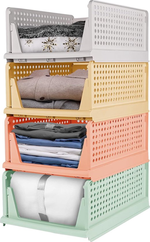 Kledingkastorganizer, 4 stuks opvouwbare stapelbare kledingkast, opbergdozen, kledingdoos, organisator voor kleding, keukens, slaapkamers (kleurrijk)