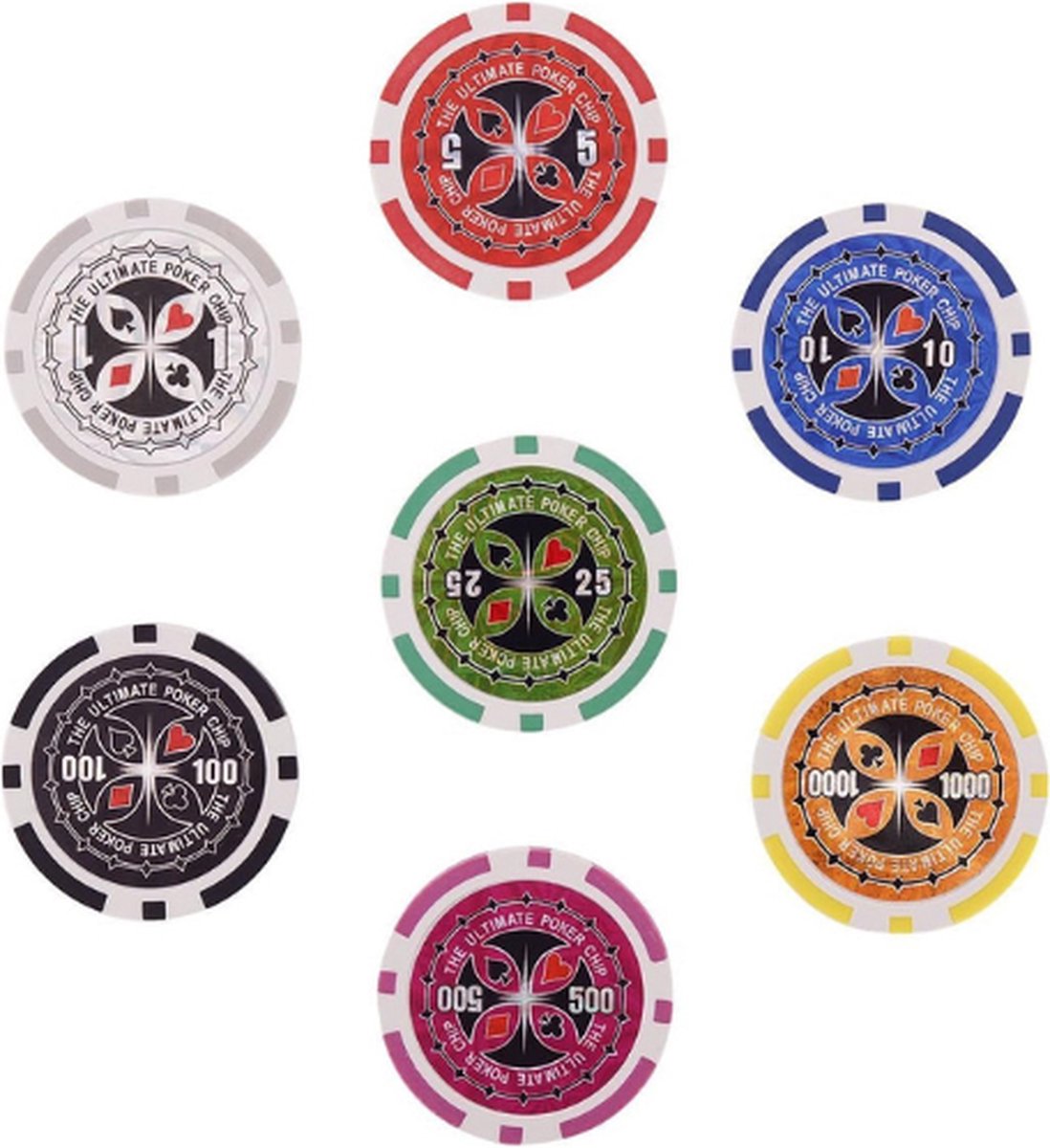 Pokerset 300-delig: laserpokerchips in verschillende waarden en kleuren