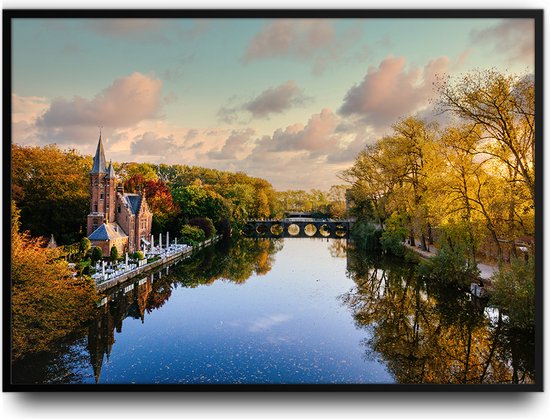 Brugge Kasteel Minnewater Fotolijst met glas 50 x 70 cm - Prachtige kwaliteit - Strand -Belgie - Rivier - Landschap - Foto - Poster - Harde lijst met Glazen plaat ervoor - inclusief ophangsysteem