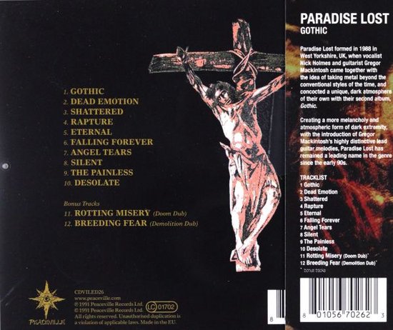 Cd-hoes met afbeelding van een gekruisigde figuur, tracklist, bandlogo en cd-informatie.