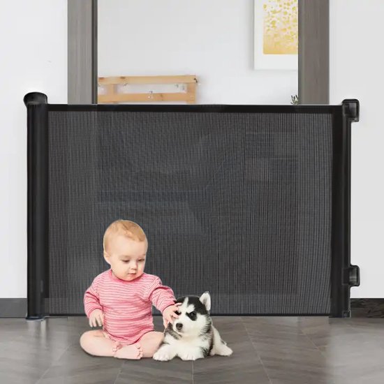 Uitschuifbaar babyhek met dubbele vergrendeling, tot 180cm breed, Veiligheidshek voor brede doorgangen, Kind en hondenvriendelijk hek zwart - Merkloos