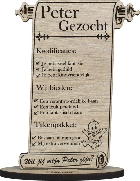 Perkament Peter gezocht - houten wenskaart - kaart van hout - wil jij mijn peter zijn? - 12.5 x 17.5 cm