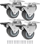 GBL Heavy Duty Swivel Casters with 4 Brakes + Screws - 50mm up to 200kg - 4 Pack No Floor Marks Silent Caster for Furniture - Rubber Coated Trolley Wheels - Silver Swivel Casters