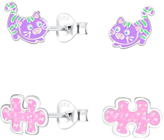 Joy|S - Zilveren kat en puzzelstukje oorbellen set - 2 paar - paars / roze met glitter - kinderoorbellen