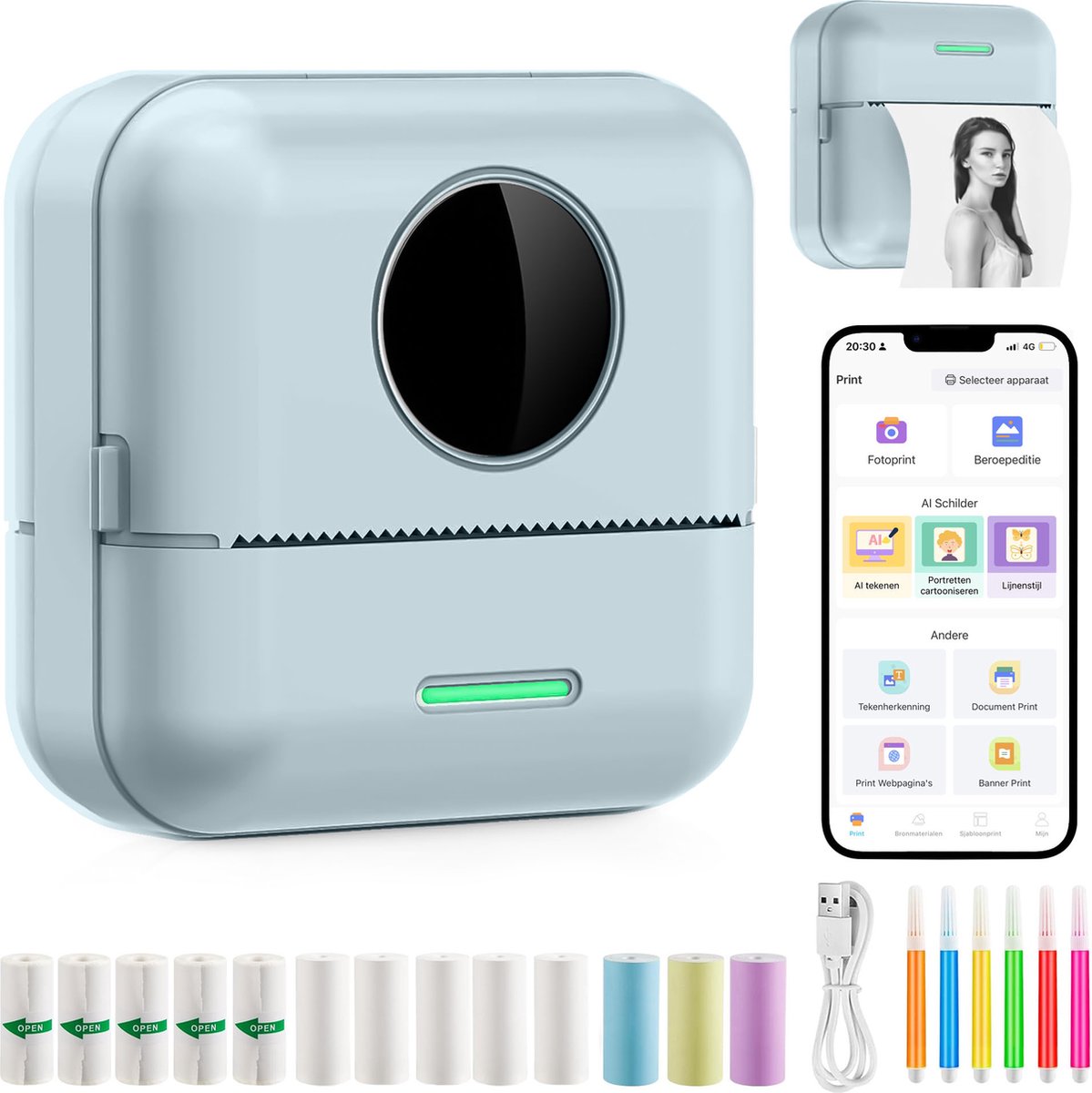Mini printer voor mobiel - Pocket printer - Premium Mini Fotoprinter - Draagbare Smartphone Printer - Mobiele fotoprinter - Sticker printer - Groen - Incl. 5 Rollen Zelfklevend Papier + 5 Rol Wit Papier + 3 Rollen Gekleurd Papier + 5 Pennen op Prijzenvolger.com