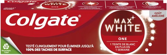 Dentifrice Colgate Max White One en emballage rouge. Avec des textes sur des dents plus blanches, testé cliniquement et goût amélioré.