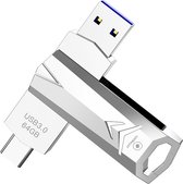 LUXWALLET DataSwift – USB 3.0 Naar USB-C 3.0 Flashdrive - 360° Rotatie – Ingebouwde Beveiliging – USB Stick – OTG – 64GB - Zilver