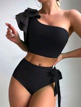 2 delige sexy elegant corrigerende tankini badpak top met ruffles en hoge onderbroek zwart maat M