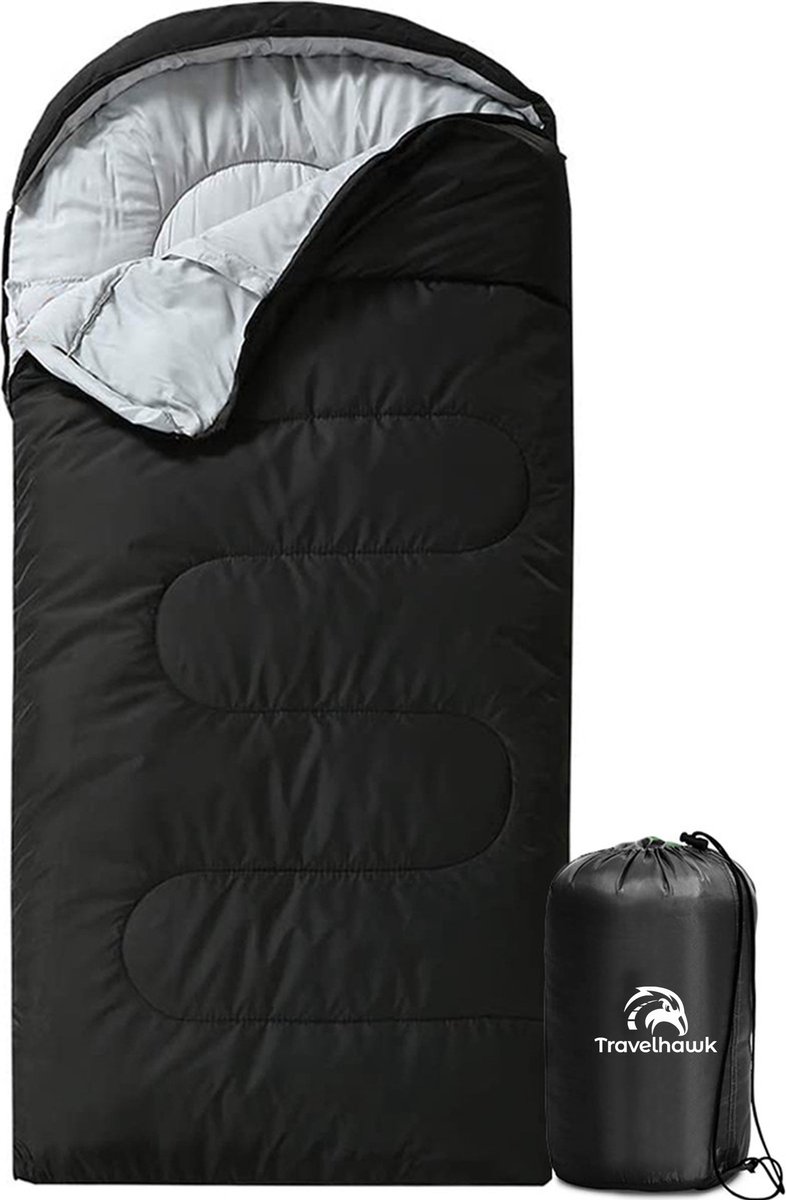 Travelhawk Slaapzak - Slaapzakken - Mummy Slaapzak - Slaapzakken Volwassen - Kamperen - Zwart - ca. 210 x 75 cm - Comfortzone: 10-20 graden - Draagtas