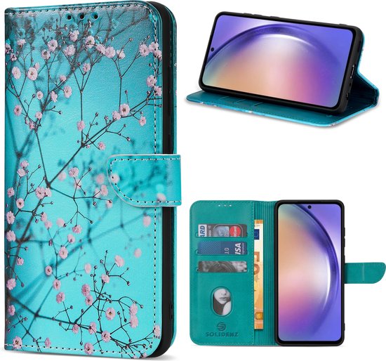 Geschikt Voor Samsung Galaxy A55 hoesje - Solidenz bookcase - Telefoonhoesje A55 - Cover Hoesje met bloemen - Met Pasjeshouder - Sierkers