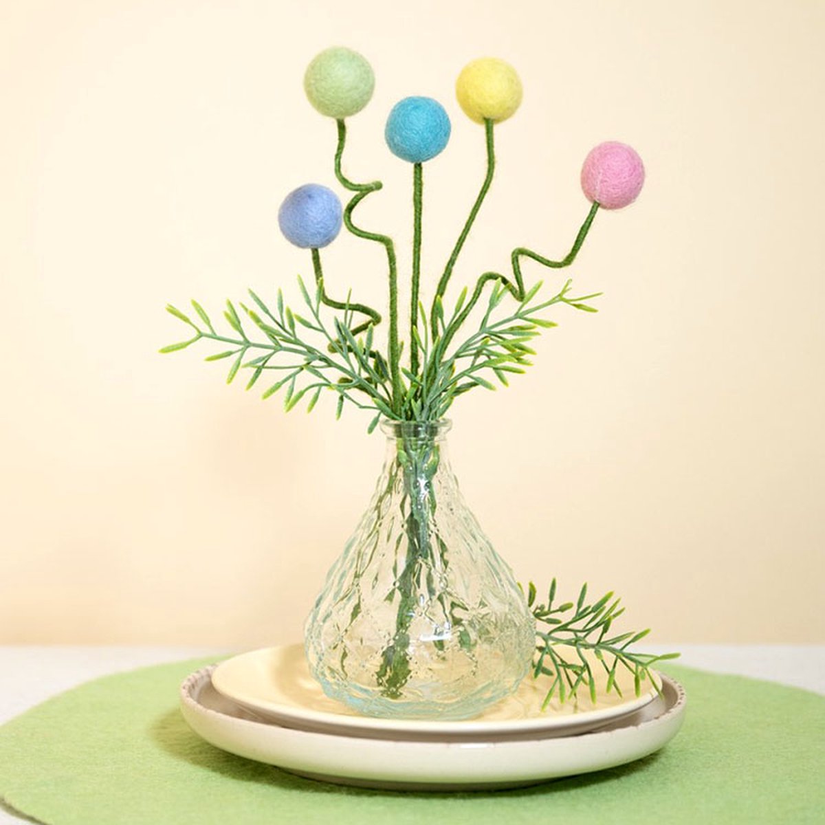 Bloemen Vilt - Craspedia Pasteltinten - 30cm - 5 Stuks - Fairtrade Sjaalmetverhaal