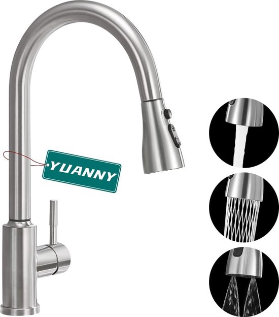 Ibergrif M22137 Mezclador de fregadero con Ducha Extraíble, Grifo de Cocina, Ahorro de Agua, Acero, Plata, Gris | Leroy Merlin