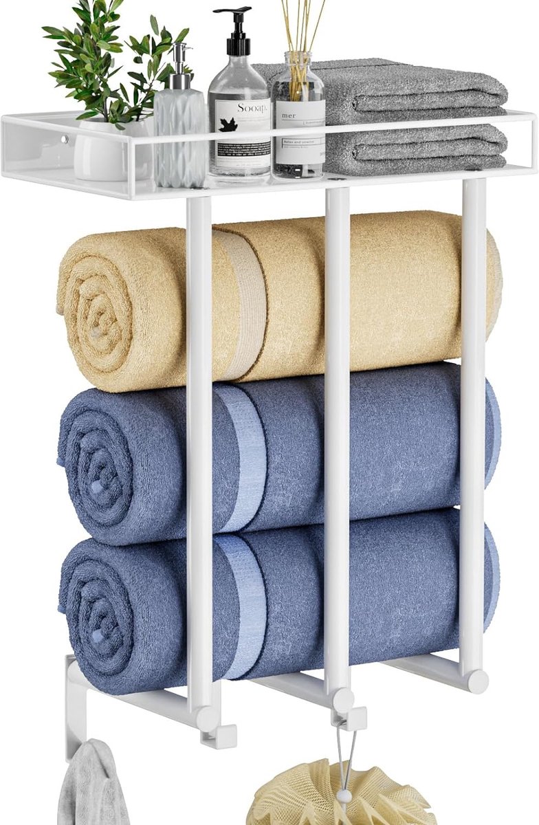 Handdoekenrek voor badkamer - Wandhanddoekrek met metalen plank en 3 haken, 3 staven Wandhanddoekhouder voor kleine badkamer, badhanddoekopslag voor opgerolde handdoeken