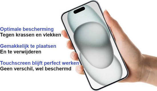 Een hand houdt een smartphone vast met een screenprotector. Tekst in het Nederlands beschrijft de voordelen.