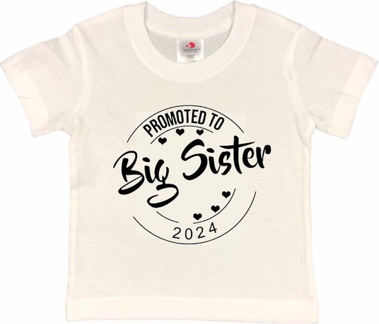 Shirt Aankondiging zwangerschap Promoted to Big Sister 2024 | korte mouw | wit/zwart | maat 98/104 zwangerschap aankondiging bekendmaking Baby big sis sister
