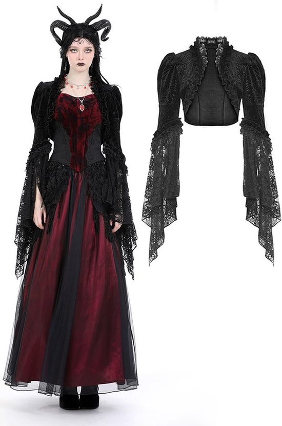 Dark in Love - Gothic patterned velvet lace flared sleeves Bolero - Zwart