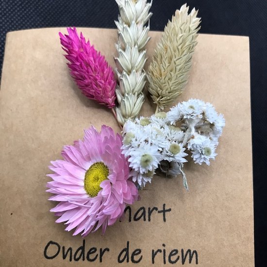 Droogbloemenkaart "hart onder de riem" en hart met roze droogbloemen | liefde | kaart | wDroogbloemen Wenskaart met Hart – “Hart onder de Riem” – Cadeaukaart Sterkte & Liefde – Decoratie Droogbloemen – Beterschap & Support