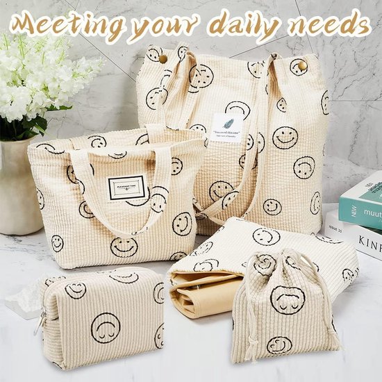 Foto: 5 stuks corduroy bag set select zone tas reistas toilettas smile face cosmetische tas multifunctionele handtas make up bag voor dames beige retro