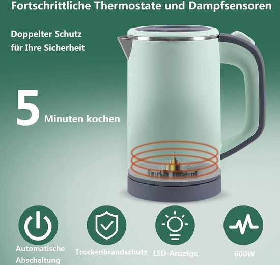 Waterkoker, klein, 800 ml, reiswaterkoker, 5 minuten snel koken, draagbare waterkoker bol