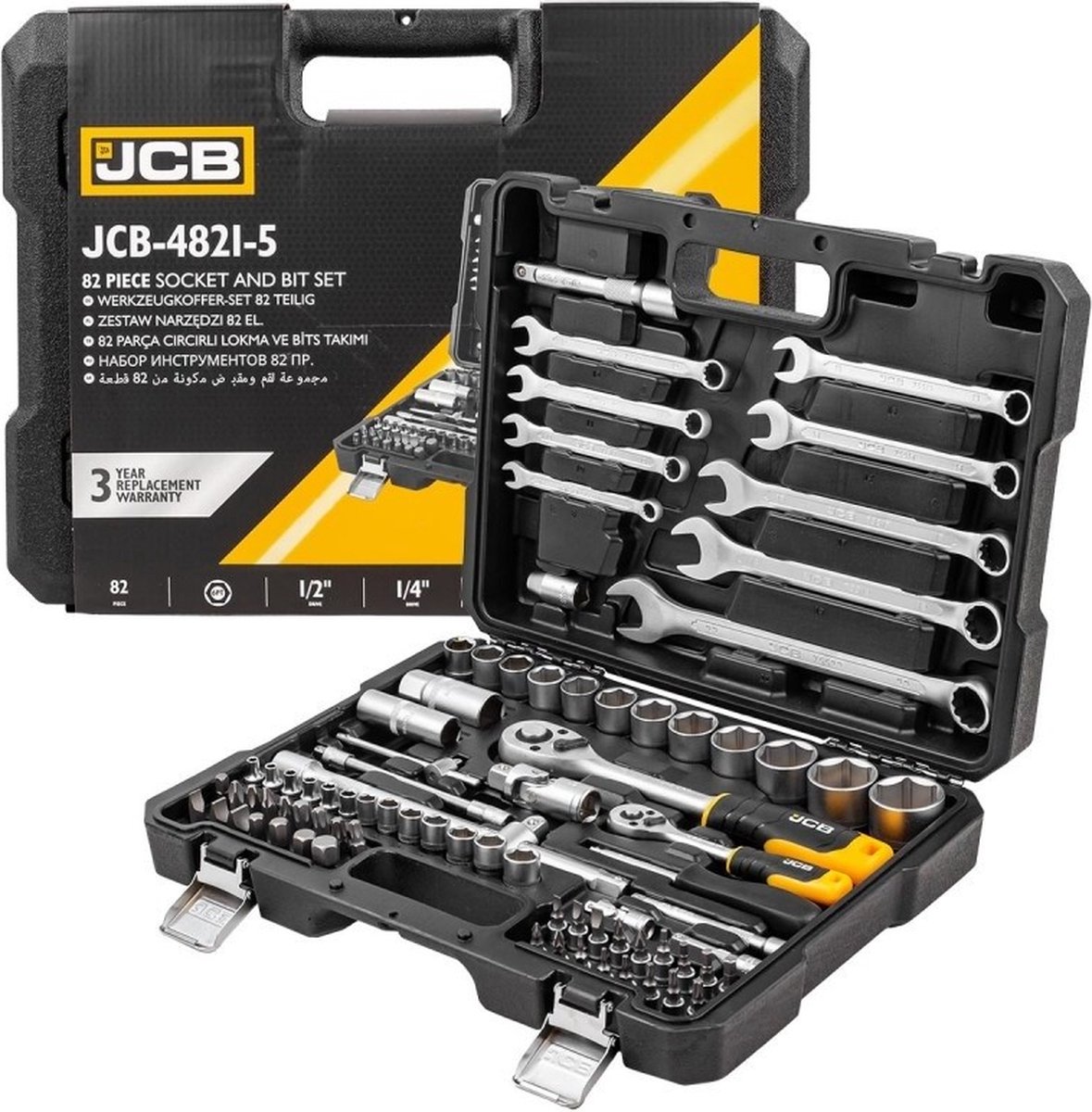 JCB Professionele 82-Delige Dopsleutel Set - Met Momentsleutel Ratel & Verlengstuk - Doppenset Doppendoos Torx/Inbus/Hex/Kruiskop/Philips Bit Doppen Set - Ratelset Hoogwaardig Chroom-vanadiumstaal - Met Snelwisselsysteem - 1/4" & 1/2" Inch