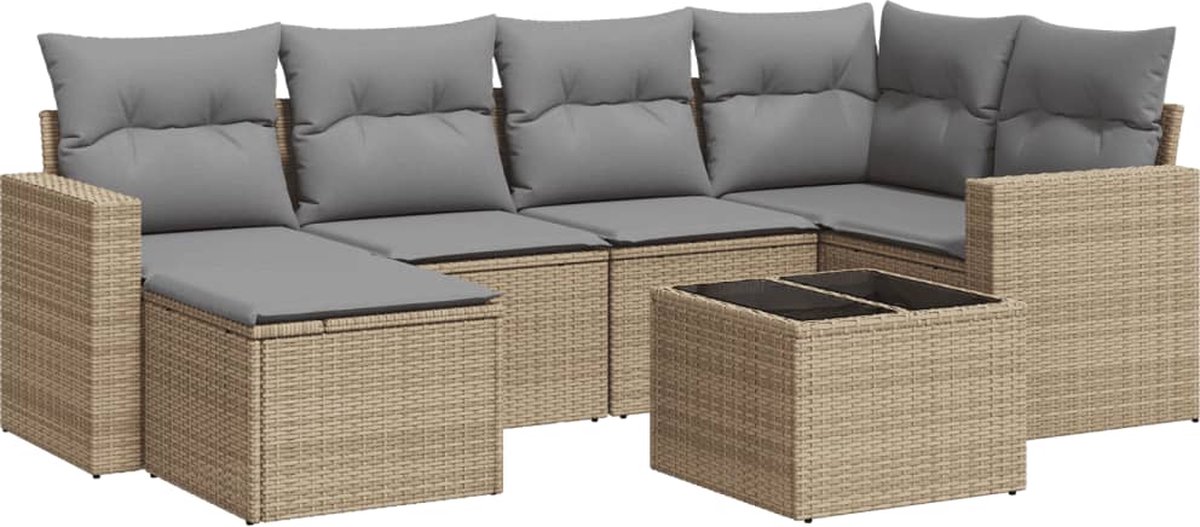 vidaXL 7-delige - Loungeset - met - kussens - poly - rattan - beige