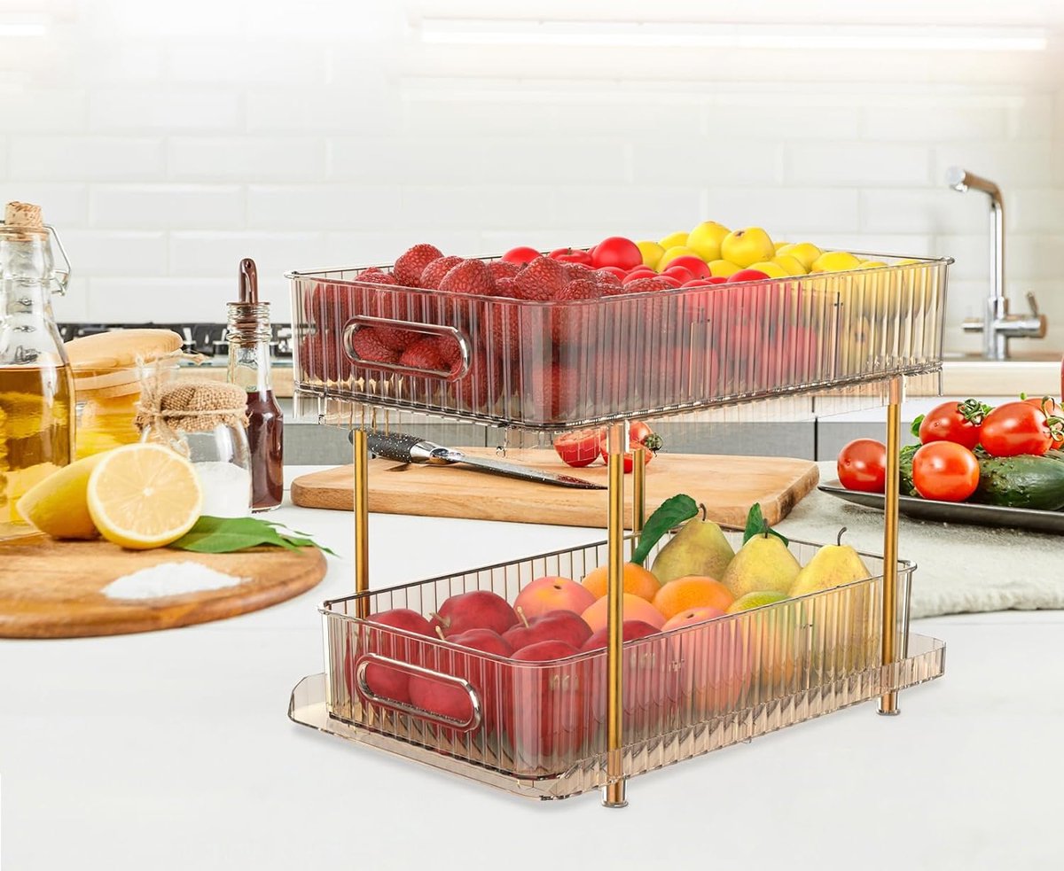 Make-up organisatoren Cosmetica dubbellaagse kaptafel organisator verdeelde make-up organisator met lades organisator voor badkamer keuken gootsteen (amber goud)
