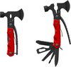 Un outil multifonction rouge et noir avec tête de hache, marteau et plusieurs outils dépliables comme un couteau et une scie.
