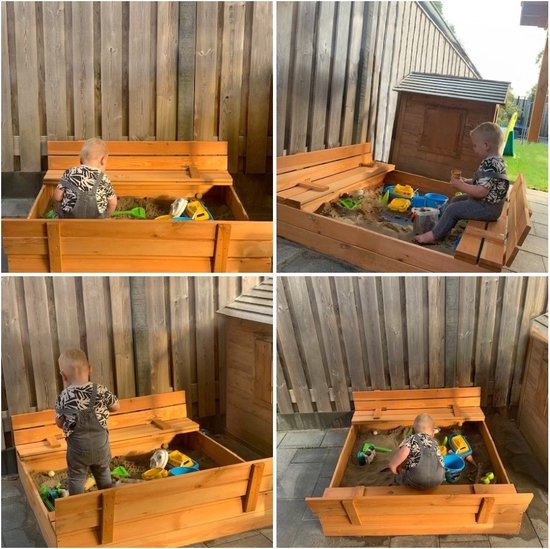Collage van 4 beelden van een jongen die met een zandbak speelt. De zandbak is van hout met zitjes.