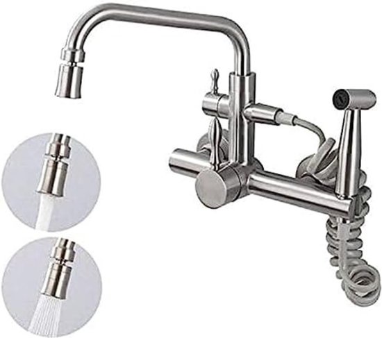 Tondiy Wandkraan met 3/4 inch Aansluiting voor Vaatwasser/Wasmachine, Wandkeukenkraan met 2 Straalstanden, Roestvrij Staal, Wandgemonteerde Wastafelkraan met Flexibele Uitloop, Mat Tondiy Wandkraan met 3/4 inch Aansluiting voor Vaatwasser/Wasmachine, Wandkeukenkraan met 2 Straalstanden, Roestvrij Staal, Wandgemonteerde Wastafelkraan met Flexibele Uitloop, Mat