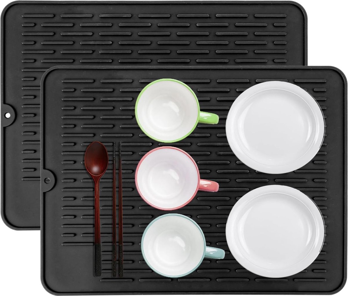 Goedkoopste Afdruipmat van siliconen, 40 x 30 cm, zwart, hittebestendig en antislip, siliconen mat, afdruipmat, servies, gootsteenmat voor bestek en glazen, 2 stuks