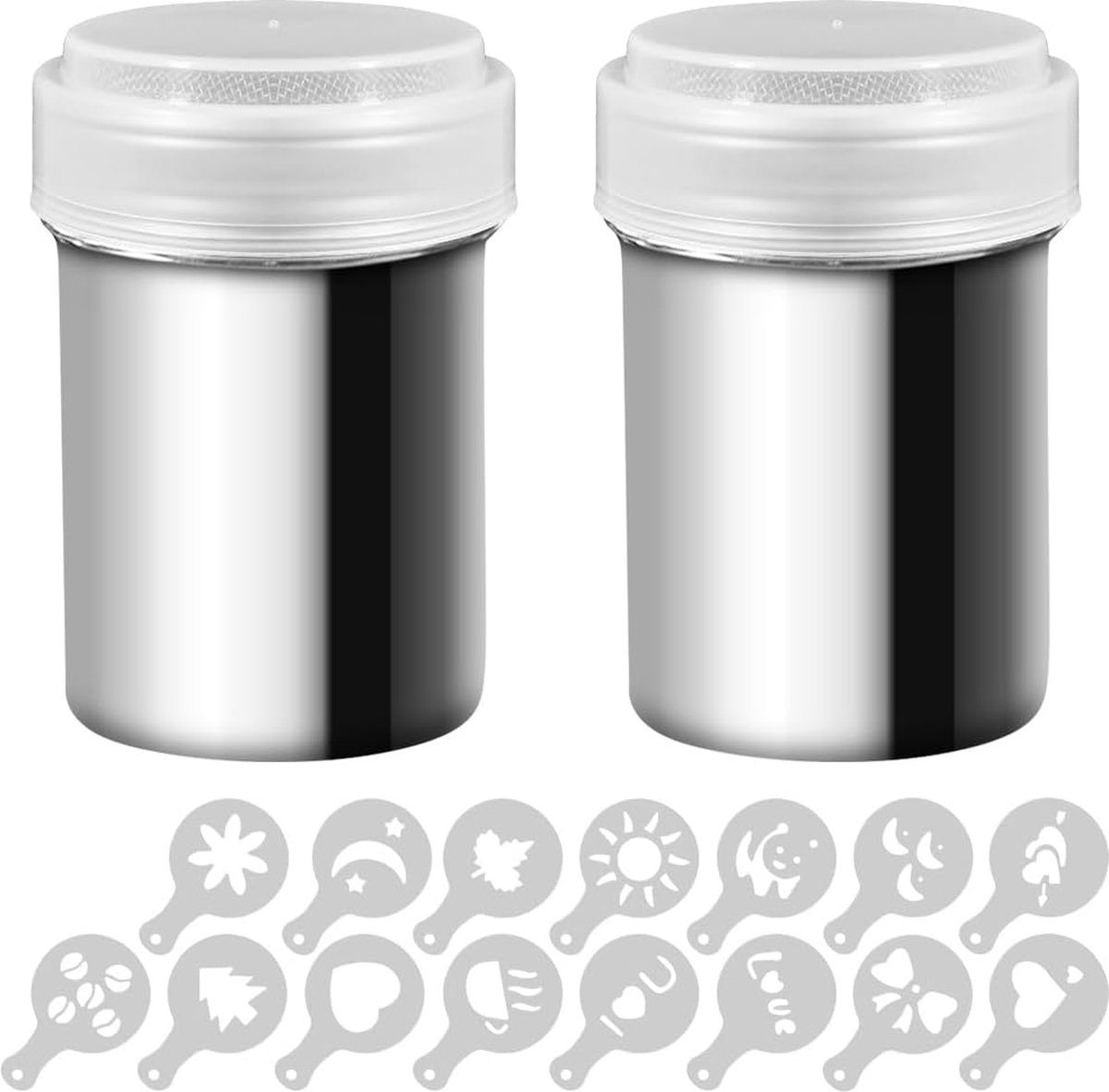 2 roestvrijstalen poedershakers, meshshaker, poederblikjes voor koffie, cacao, kaneelpoeder met deksel, met 16 stuks drukvormen, sjablonen