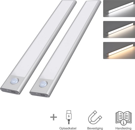 Cosy Casa® LED Verlichting - Kastverlichting - 2 stuks - Bewegingssensor - Magnetisch - 30cm - Wit - USB C - Sensor - Oplaadbaar - Binnen - Nachtlamp