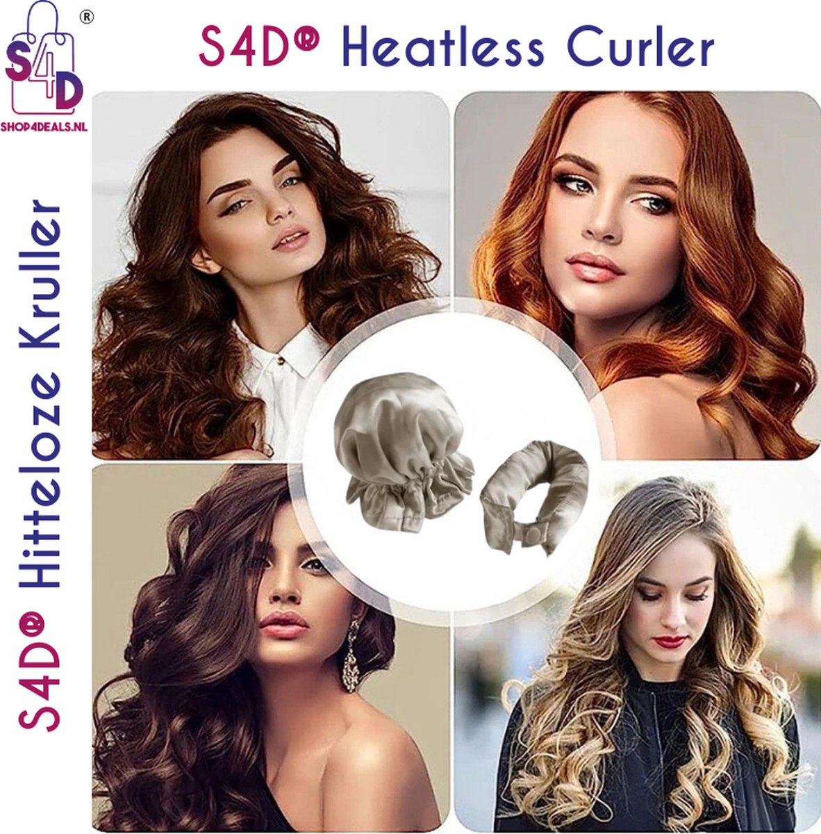 S4D® - Heatless Curls - Krulspelden - Krullen Zonder Hitte - Haarrollers - Overnight Curls - 4 Delige Set - Beige - S4D®