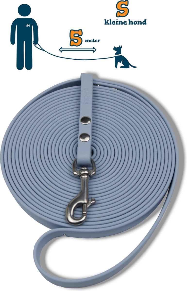 Miqdi lange lijn - BioThane ® - pastel blauw - 5 meter lang - 9 mm breed - XS/S - kleine hond - lange hondenriem