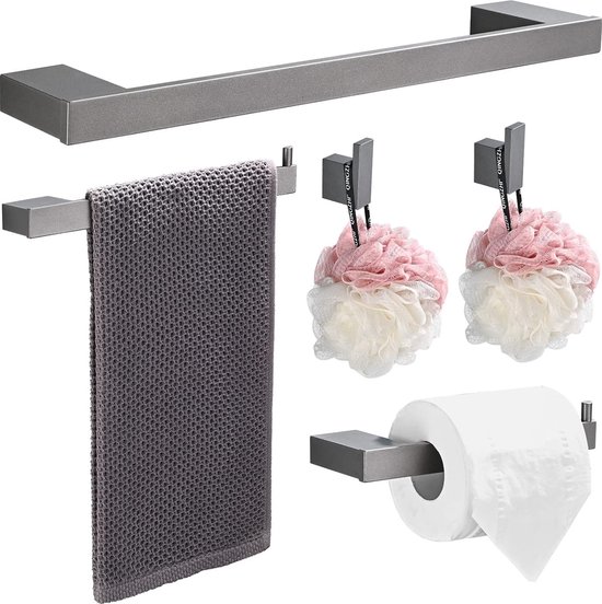 Wopeite Handdoekhouder 4-Delige Badkamer Accessoire Set Aluminium Toiletrolhouder Handdoekhaak Kapstokhaak Muurbevestiging 40CM Zwart