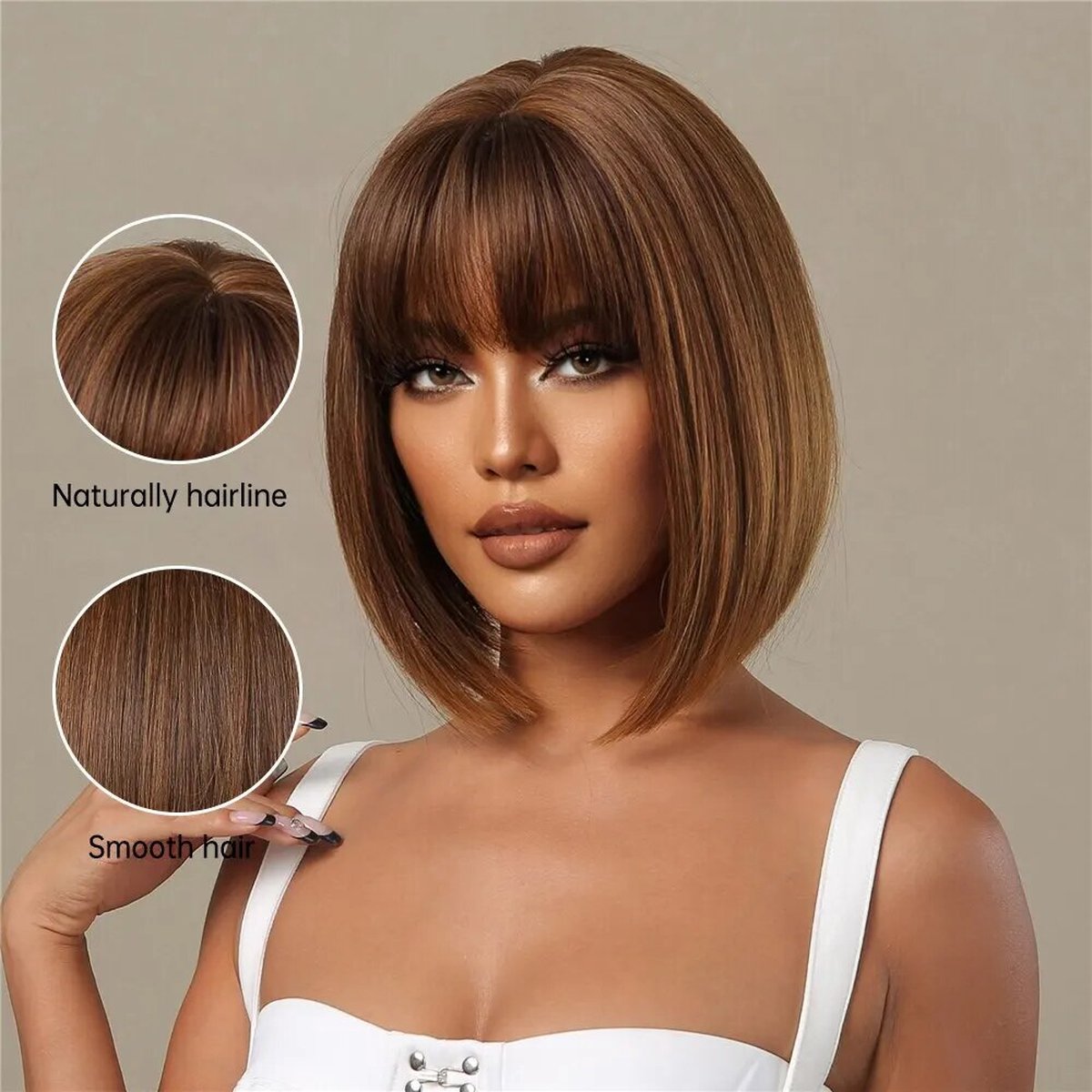 Perruque Courte Femme Synthétique Brune/châtain Avec Frange - Cadeau Inclus