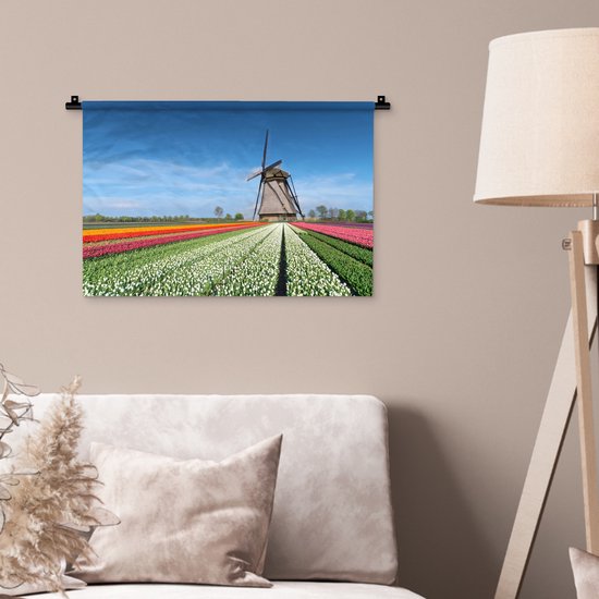 Tenture murale Paysages Nederland - Moulin à vent entre les tulipes aux Nederland Tapisserie coton 60x40 cm - Tapisserie murale avec photo