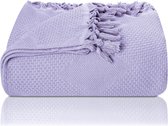 Premium sprei met handgeknoopte franjes - 100% katoen - 150 x 220 cm - Zomerdeken van wafelpiqué - Katoenen deken als bedsprei, banksprei en bankdeken (lavendel)