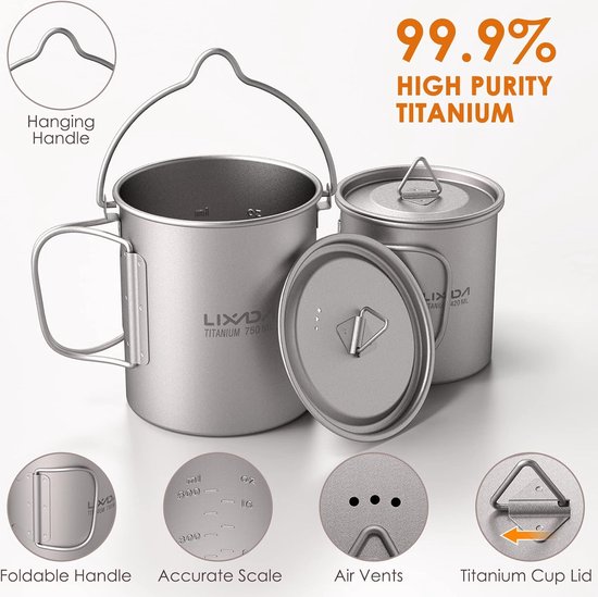 Campingpot - Opvouwbare Campingpannen - Ultralichte Kookpot - met Ophanggreep - Buitenwaterbeker - Keukengerei - voor Picknick - Wandelen - Kamperen - Wandelen - Titanium - Zilver — afbeelding 3