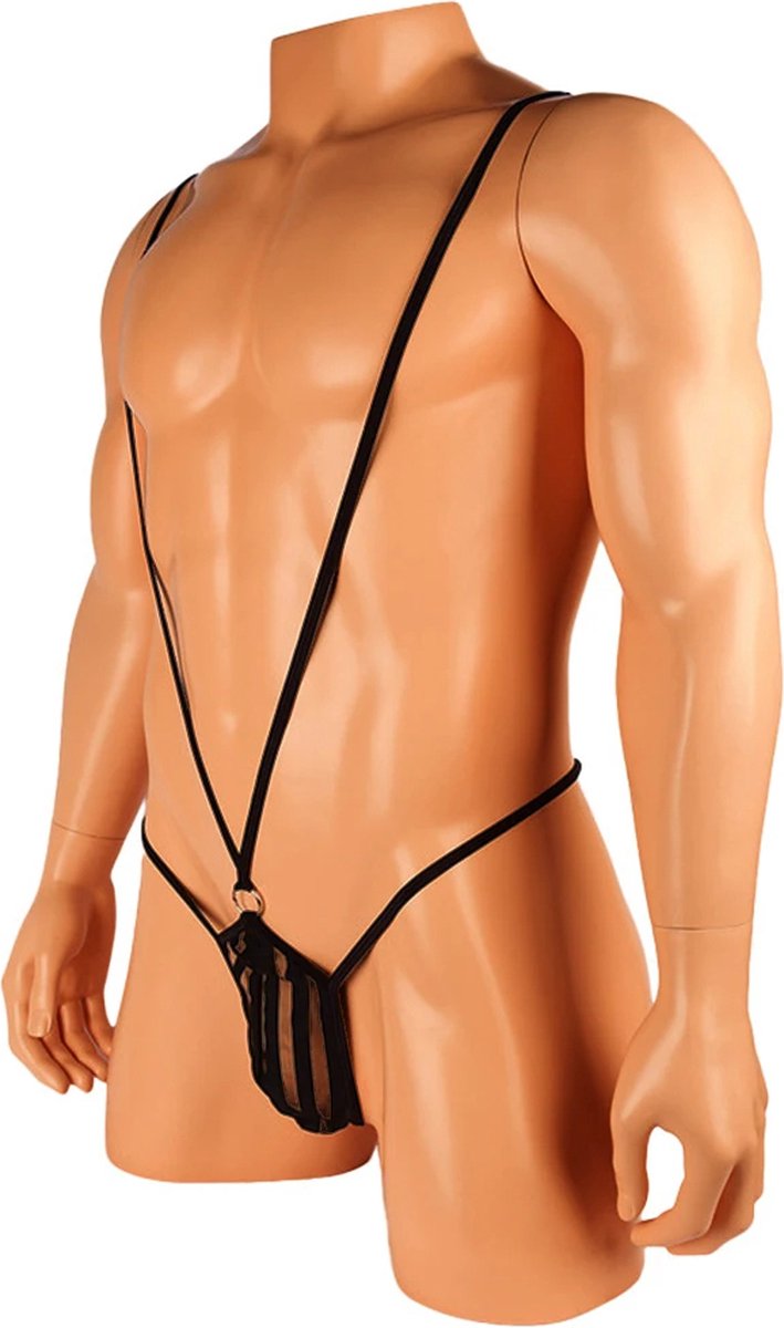 Goedkoopste Bodysuit-Heren Sexy-Opwindend-Erotisch-Ring-Doorschijnend-Zwart