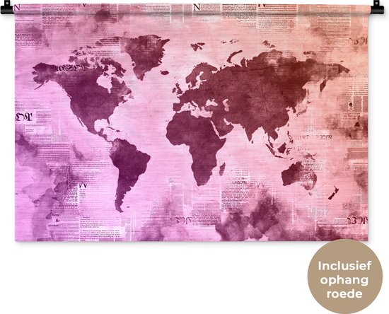 Wandkleed WereldkaartenKerst illustraties - Wereldkaart in verschillende paarse tinten op achtergrond met krantenpapier Wandkleed katoen 90x60 cm - Wandtapijt met foto