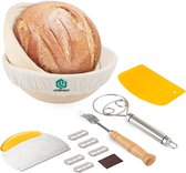 Gistmand voor het bakken van brood, 2-delige set, 23 cm, ronde rijsmand, brood met linnen doek, garde, bakkersmes met 5 scheermesjes, deegschraper TPE en roestvrij staal, voor thuis- en