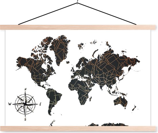 Porte-affiche avec affiche - Affiche scolaire - Wereldkaart - Zwart - Wit - Koper - 120x80 cm - Lattes vierges